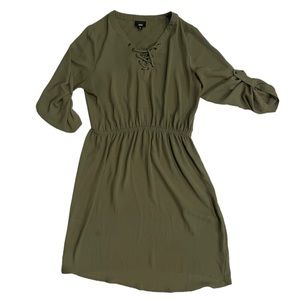 Mossimo Criss Cross V Neck Olive Green Cinch Waist Midi Dress Adjustable Sleeves